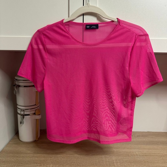 GAP Tops - GAP Mesh Crew T Shirt Womens M Phoebe Pink Sheer Cropped Top Neon Rave Club Y2K